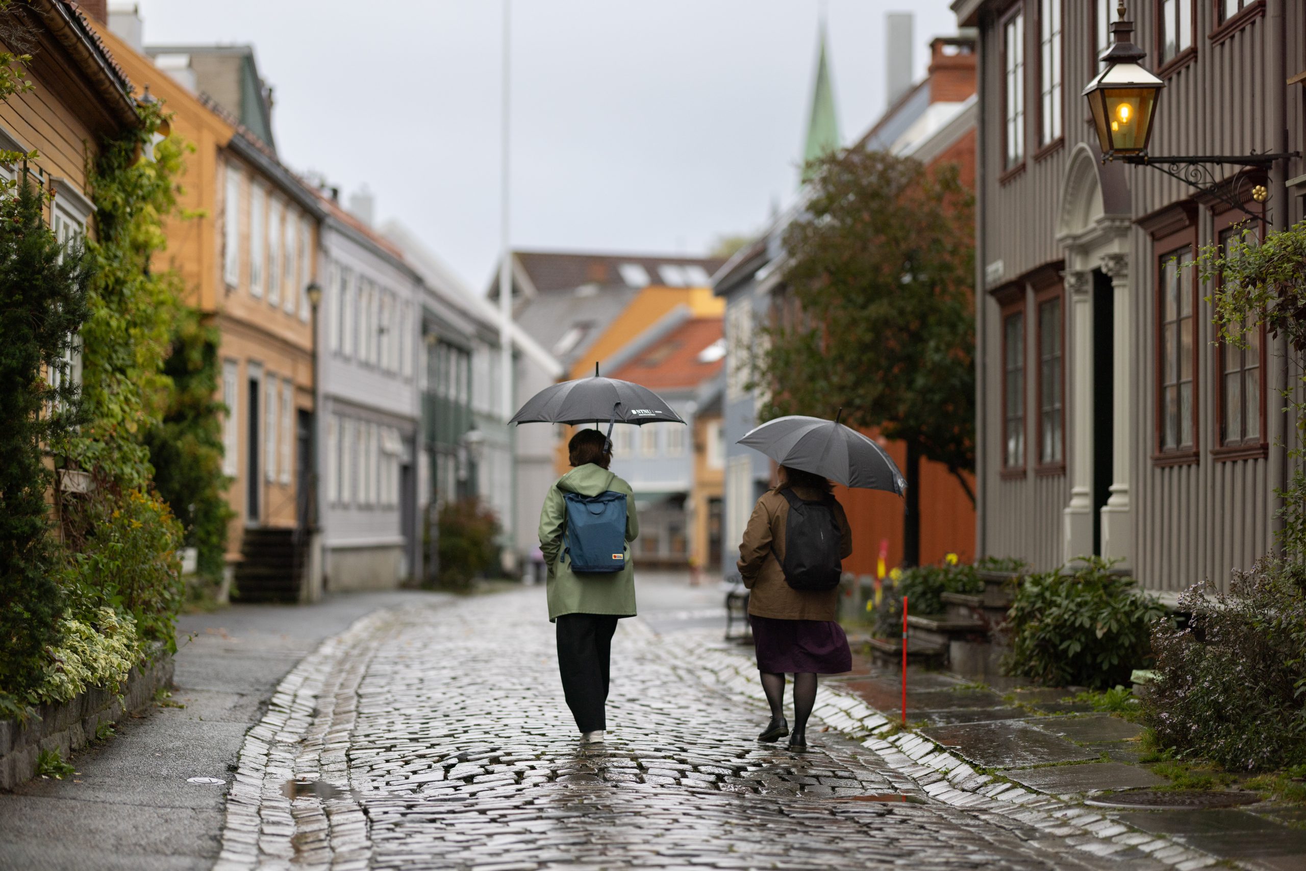 To kvinnelige studenter presenterer oppgave på storskjerm.